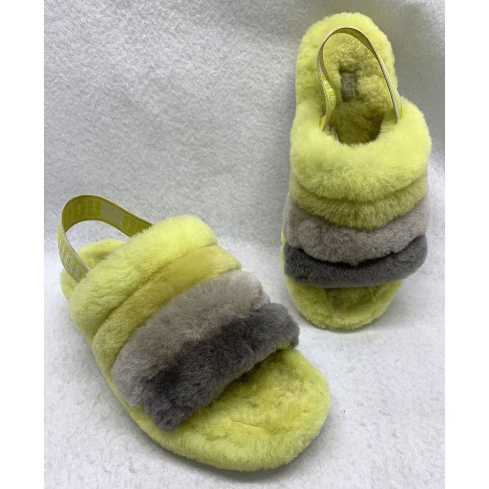 UGG Fluff Yeah Slides Sheepskin Slippers Sulfur Multi Yellow Women's US 6